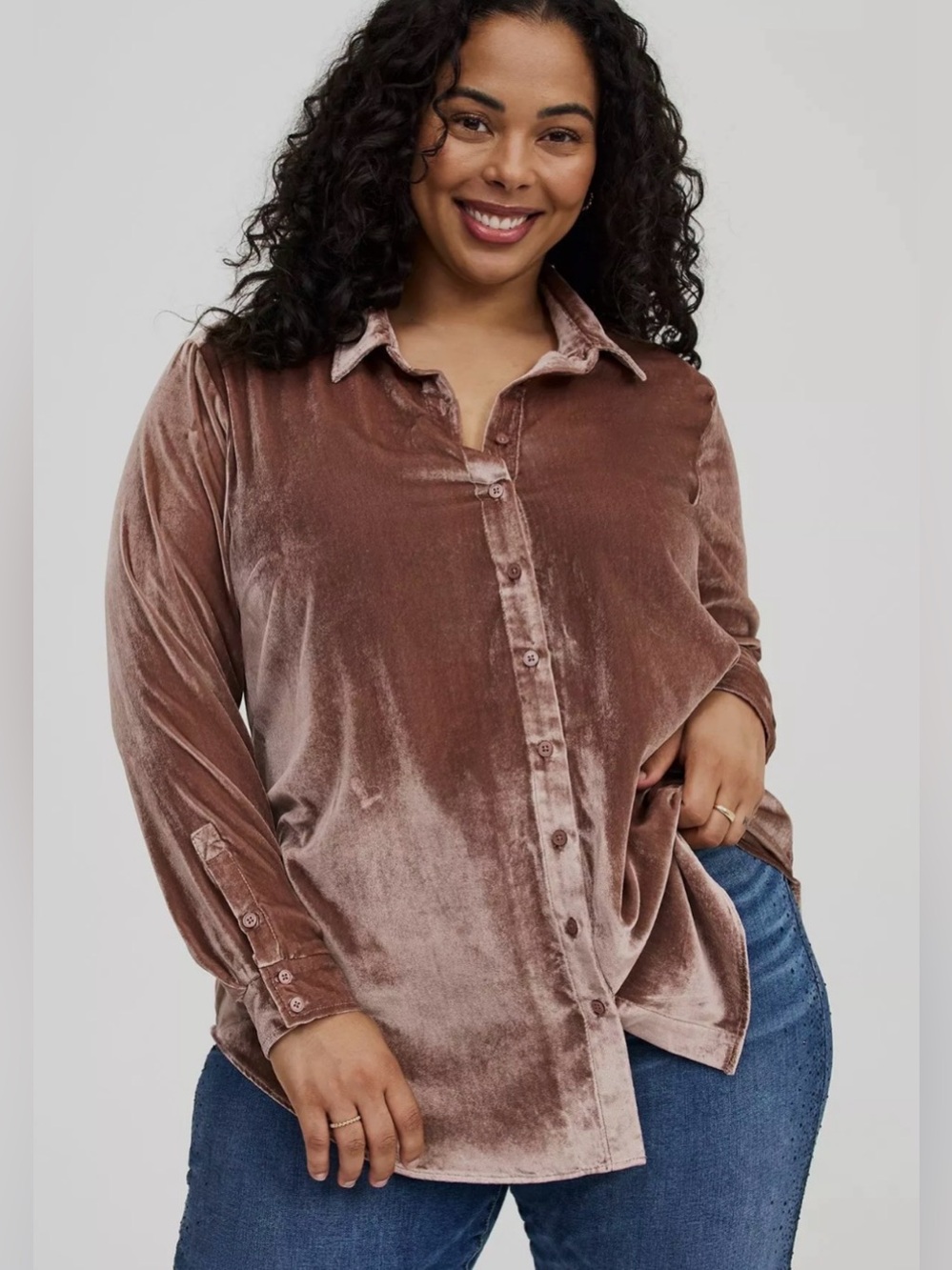Torrid Lizzie velvet button up long sleeve collared blouse top oversized fall M